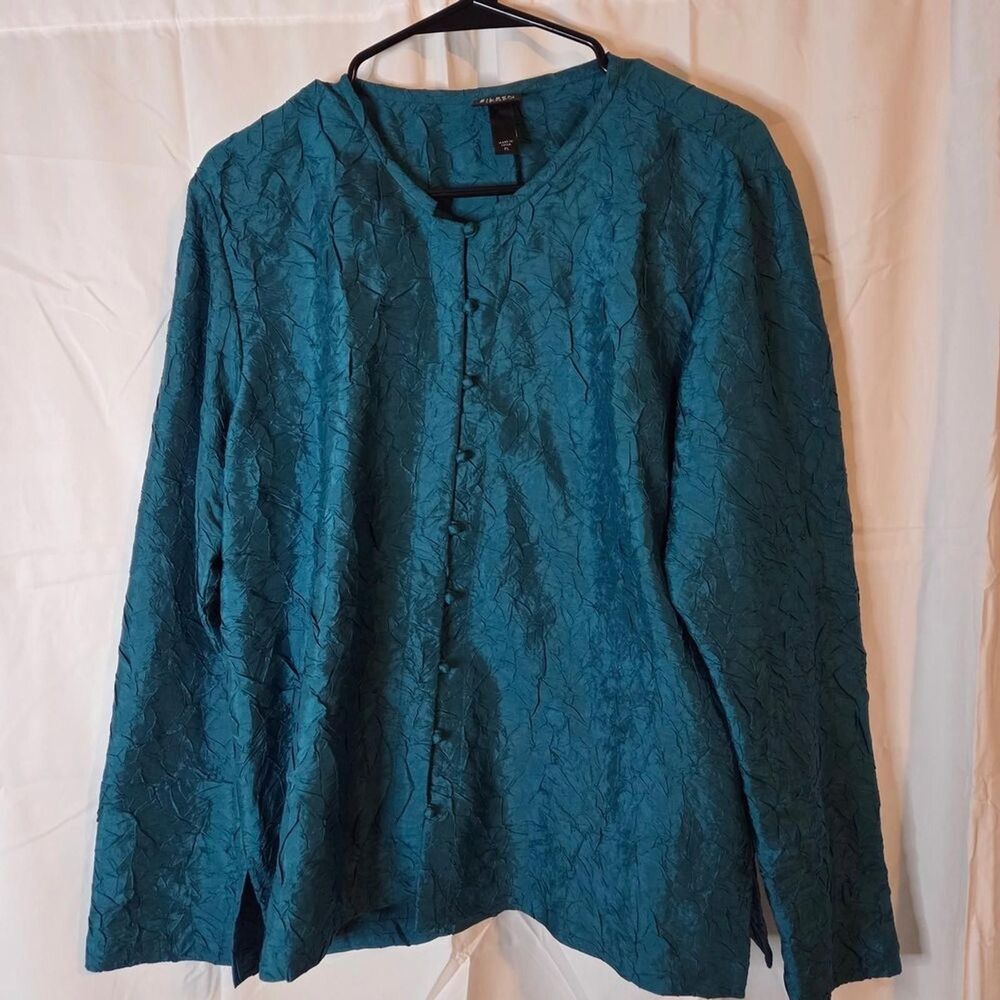 Vintage Eileen Fisher Teal Silk Crinkle Button-up Top Size LP - Picture 2 of 9